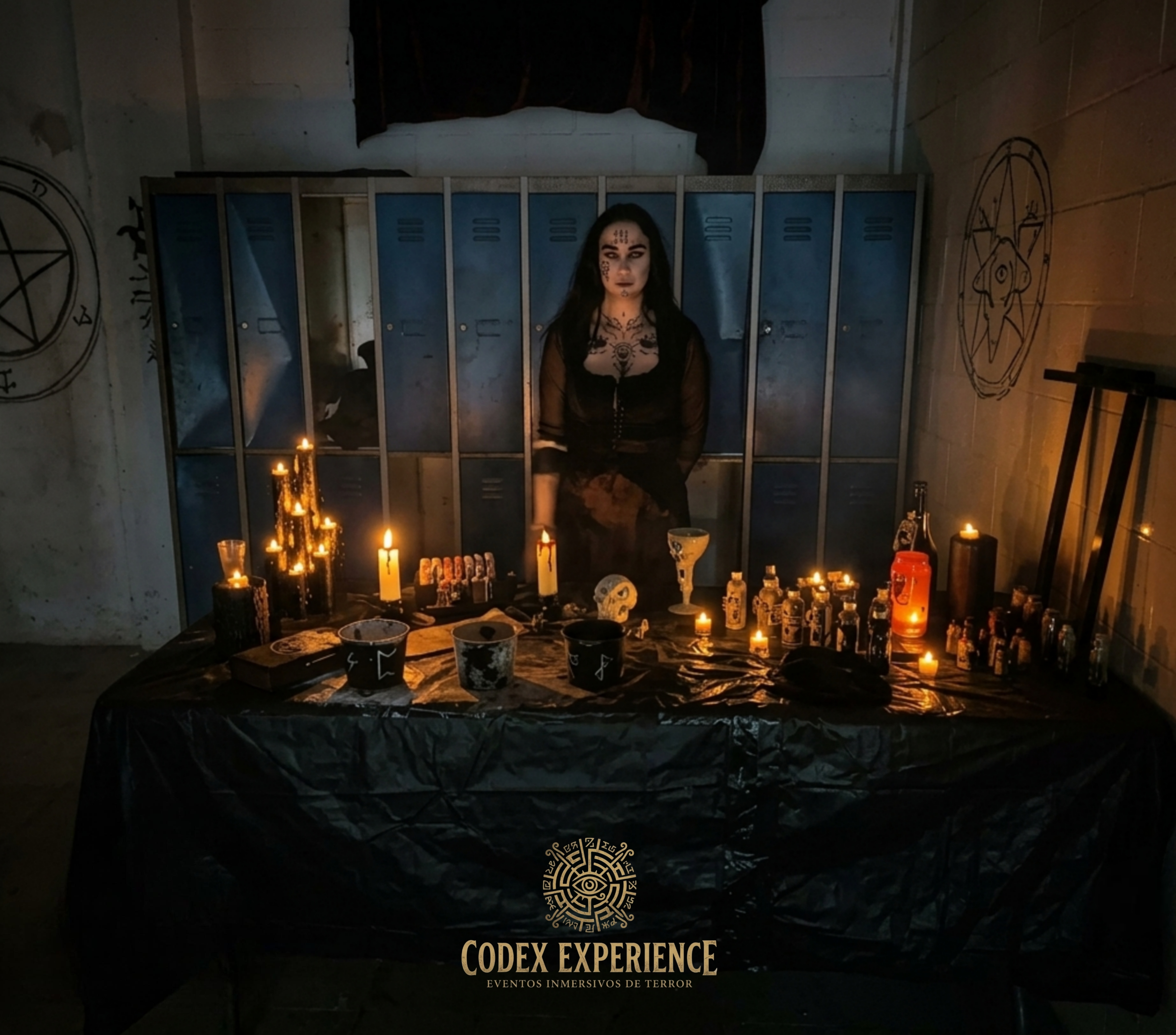 Altar ritual con frascos, velas y símbolos ocultistas