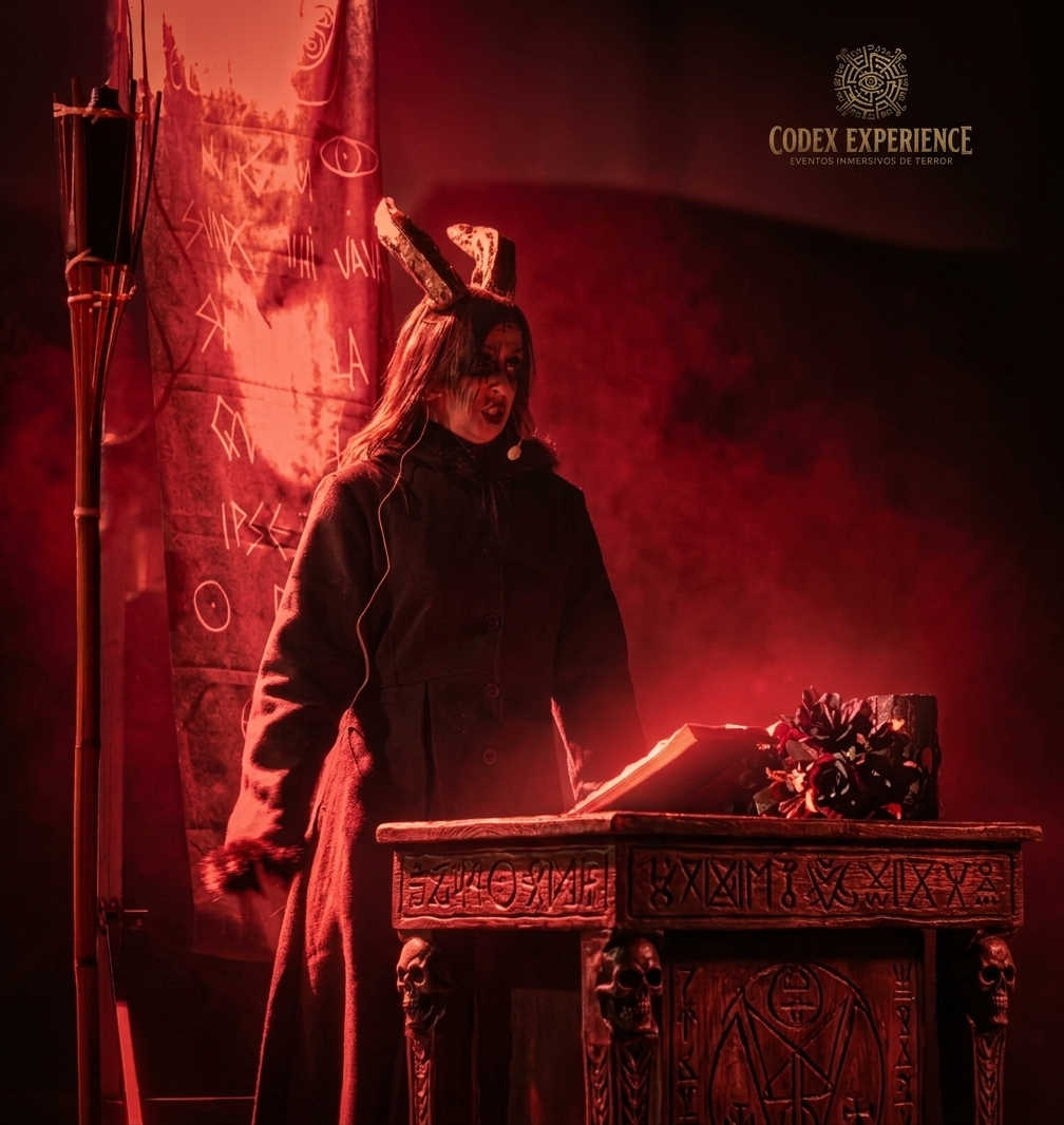 Actriz caracterizada como guardiana ritual junto a un altar de libros y velas