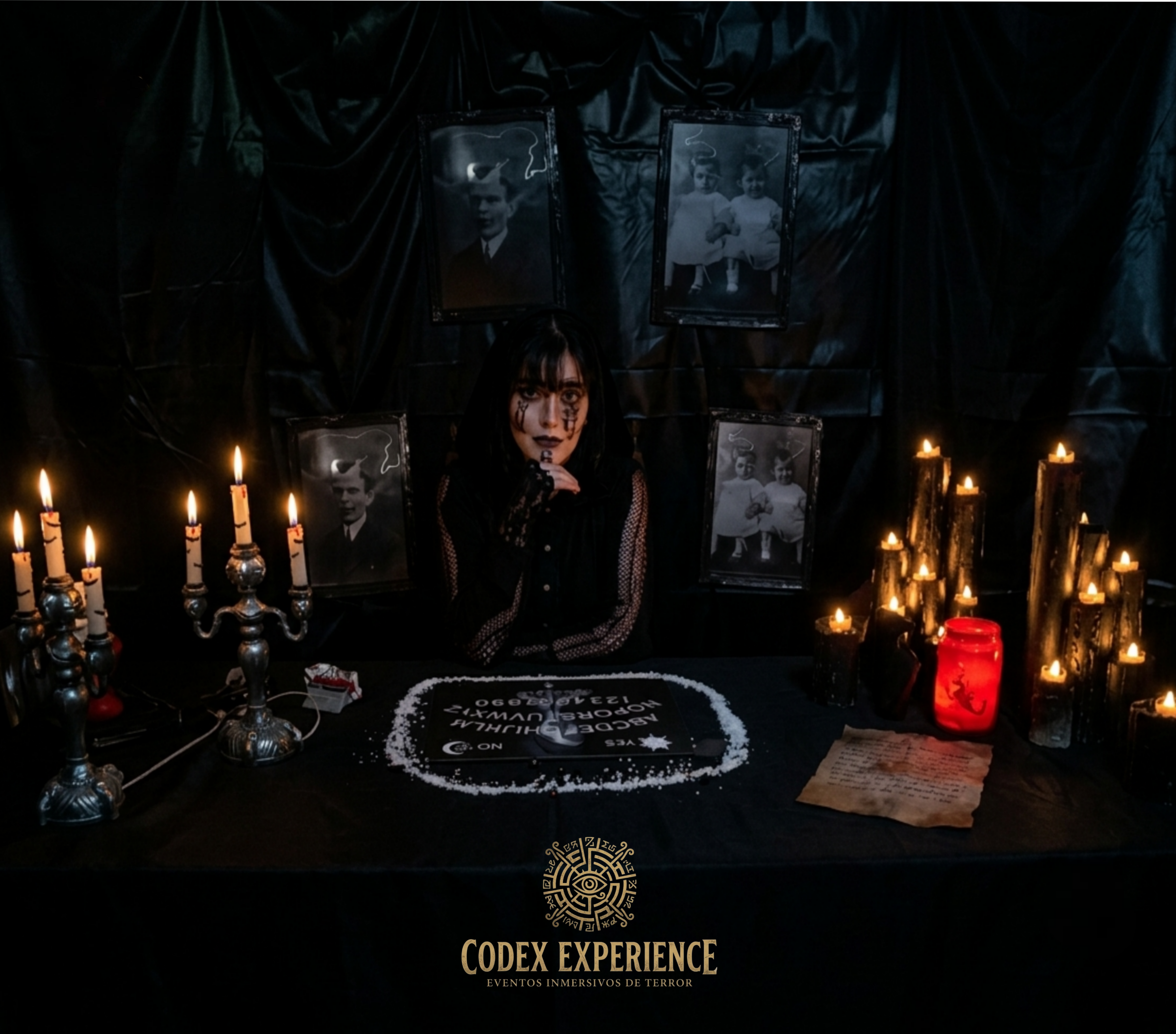 Sesión de ouija ante retratos familiares antiguos